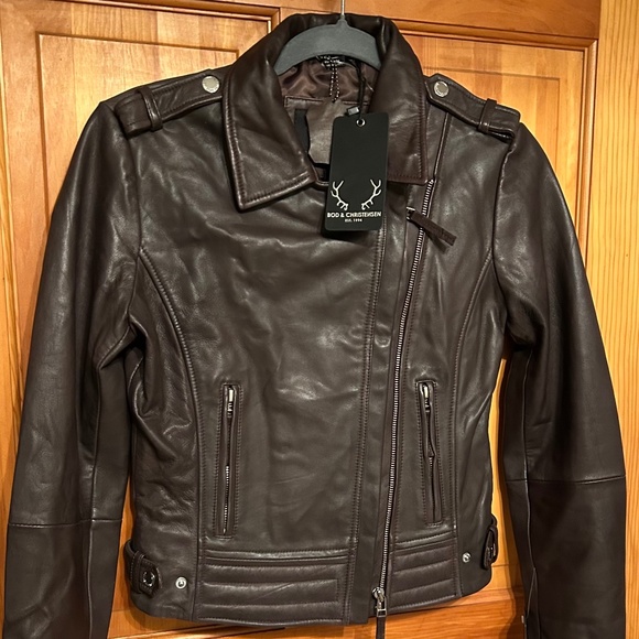 NWT Bod & Christiansen Chestnut Brown Genuine Leather Biker Jacket XS